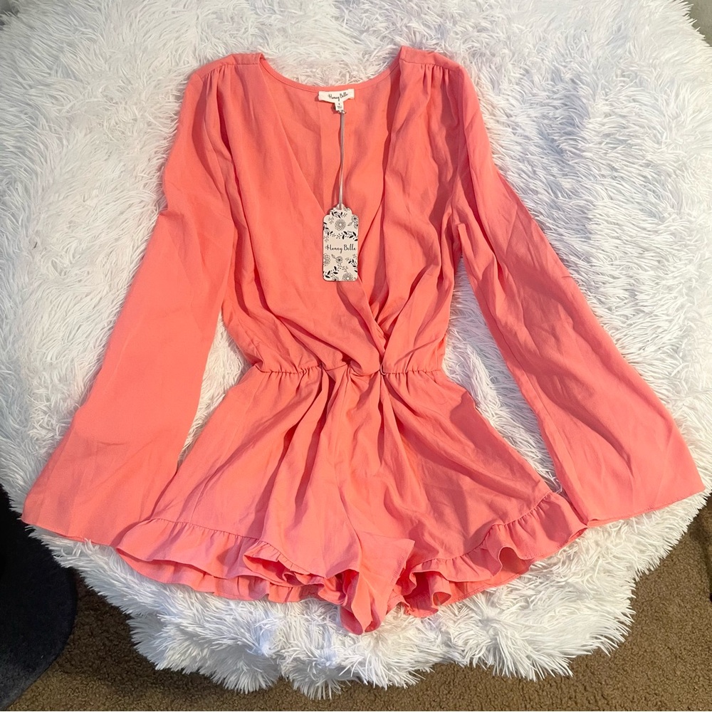 Flared Sleeves ruffle hem bohemian coral romper